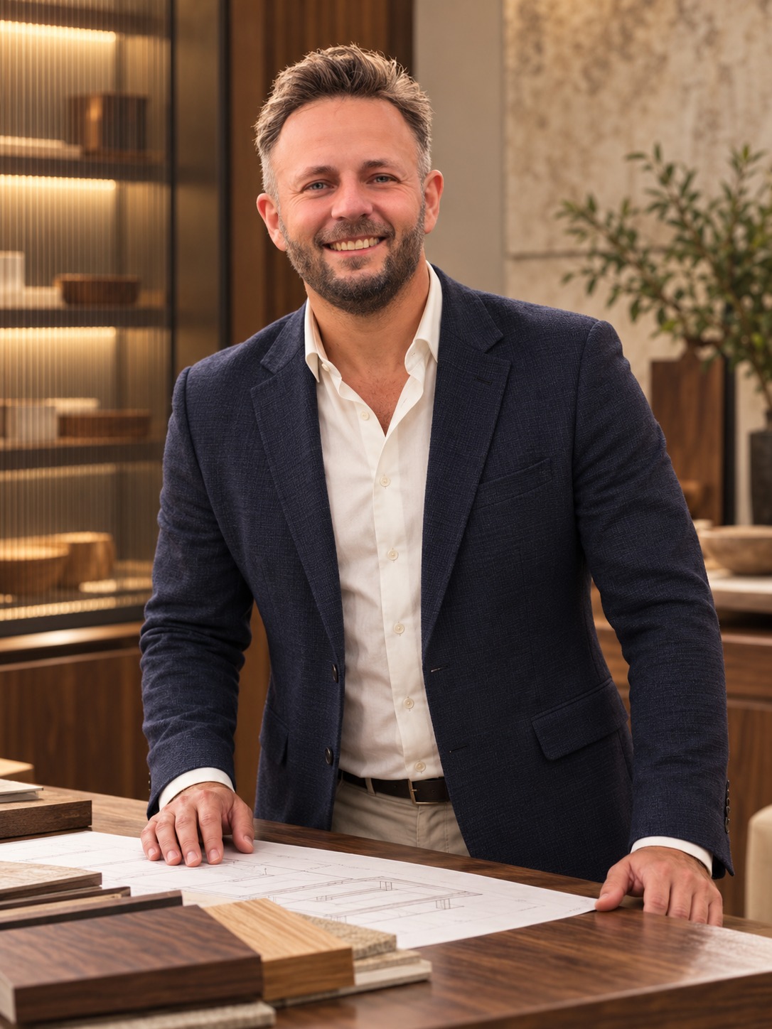 Sebastian przy projekcie i próbkach materiałów